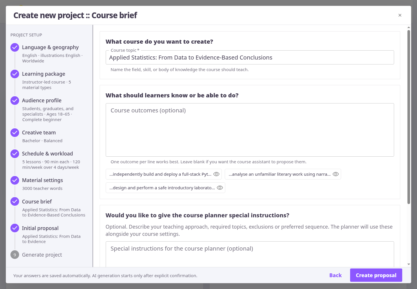English course creation wizard showing the Applied Statistics brief, learning outcomes and optional planner instructions.
