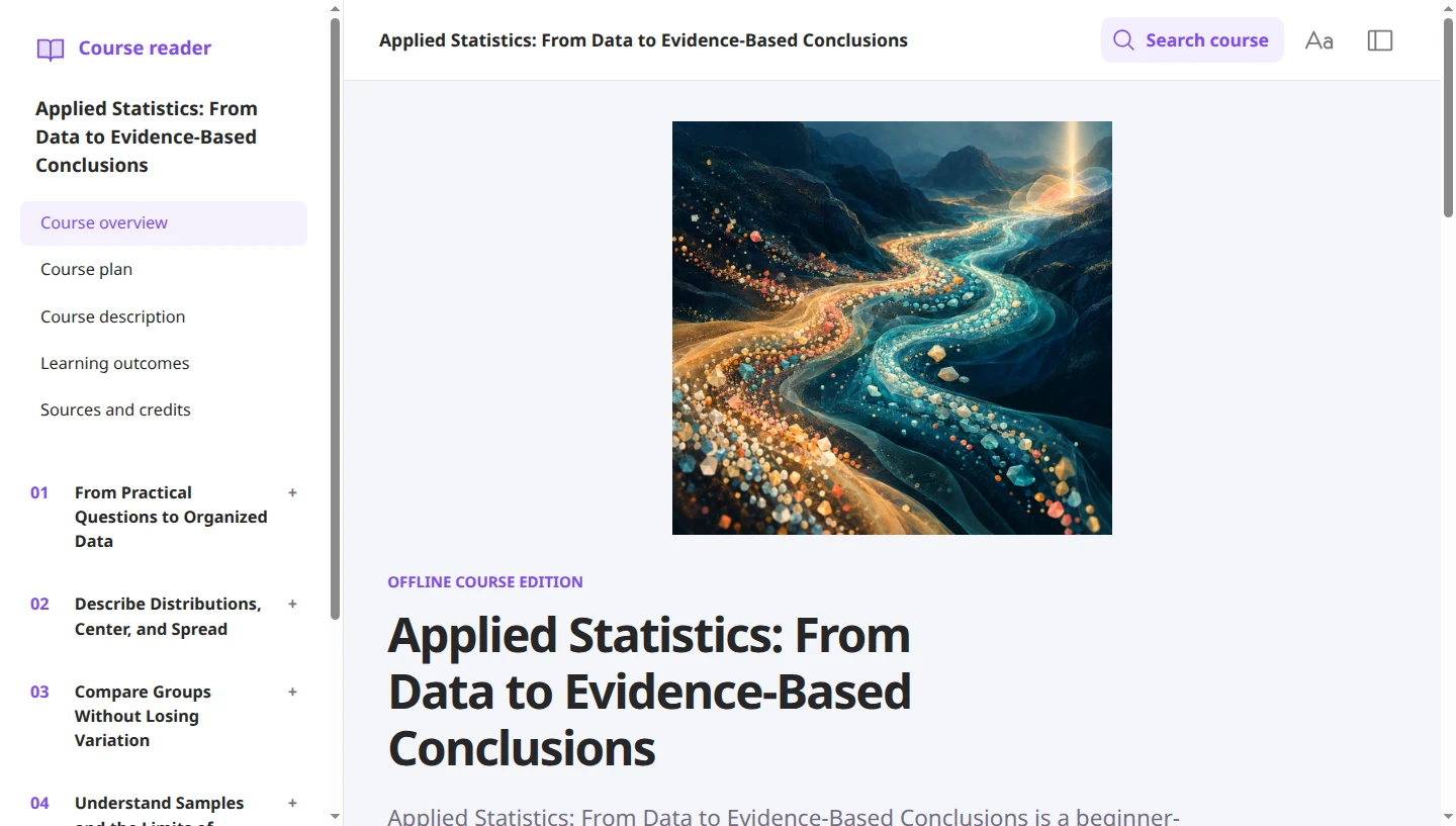 English Applied Statistics course overview with course documents and five-lesson navigation.